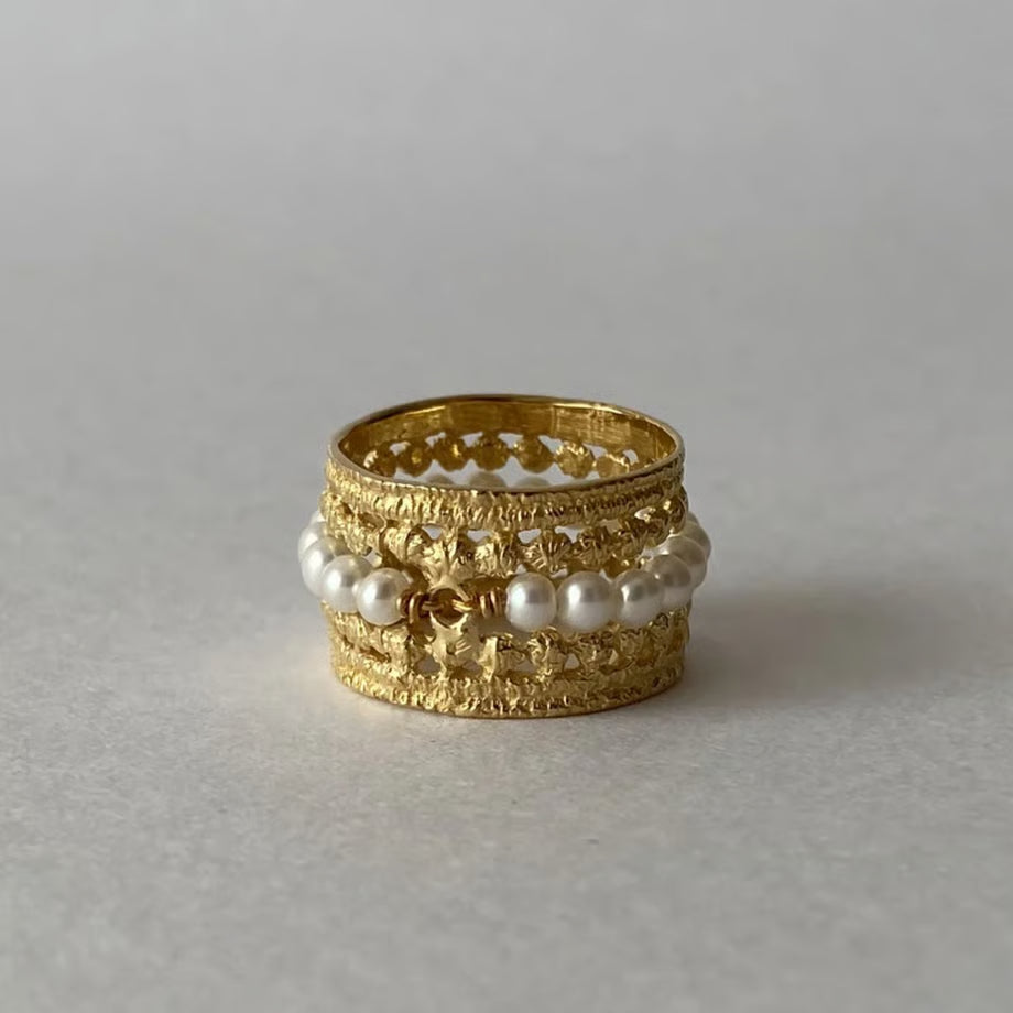 milk crown＋pearl set ring(gold)---363